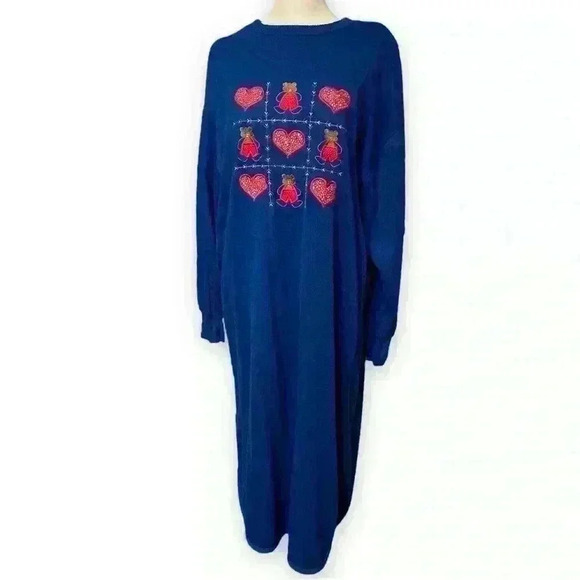 Vintage Full Length Embroidered Pullover Robe Gown Teddy Bears & Hearts Size M - Picture 1 of 7